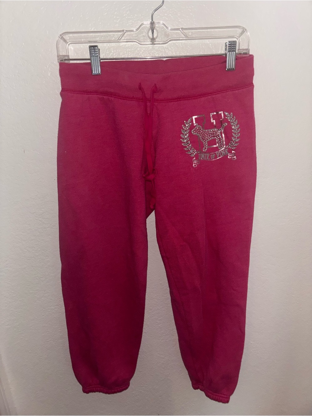 Vintage Pink University Cuffed Sweatpants with Embroidered Bedazzled Crest Y2K